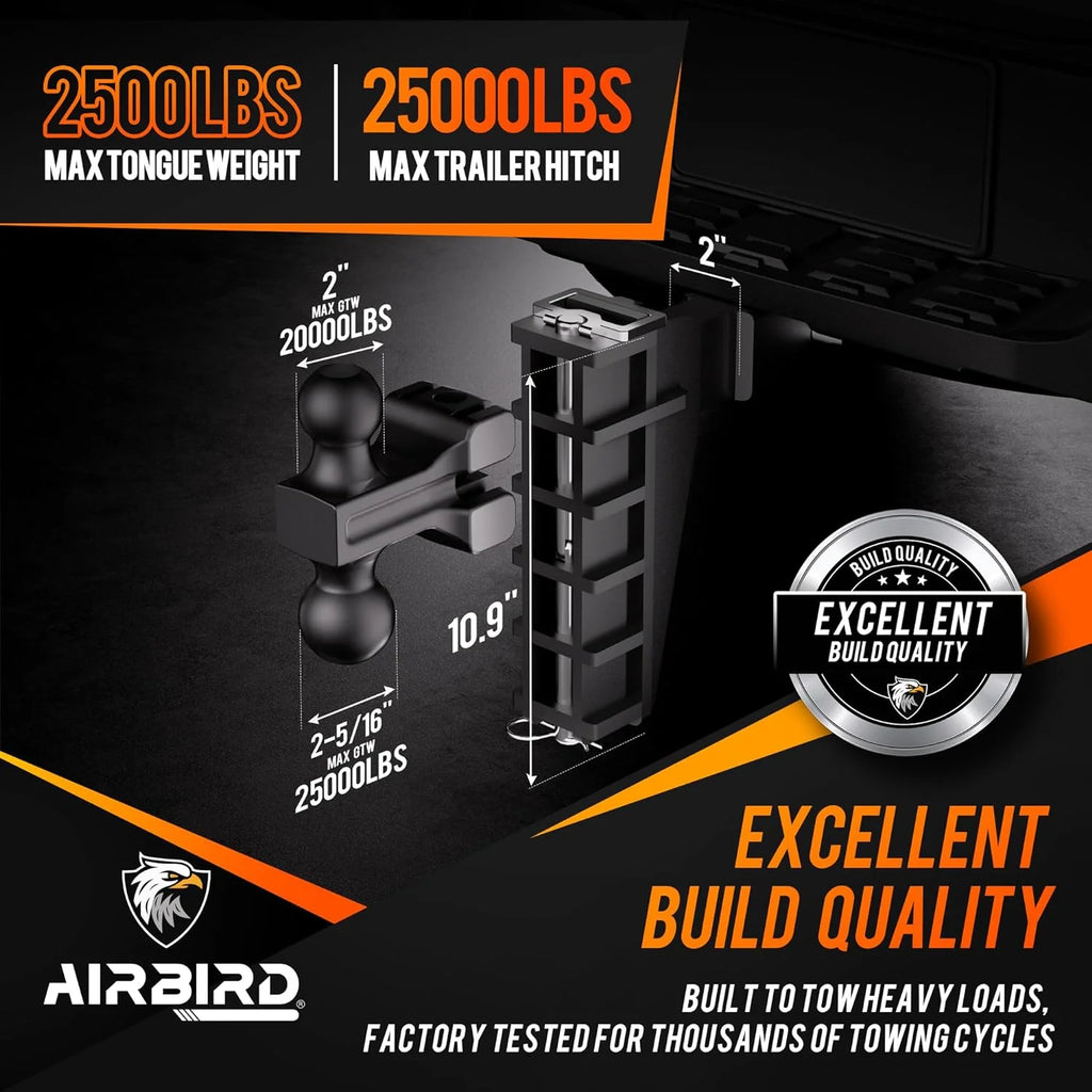 Adjustable Trailer Hitch Fits 2-Inch Receiver, Heavy Duty Tow Hitches (17000 LBS GTW) 6 Inch Drop Truck Hitch Tri-Ball Mount with Hook (1-7/8 x 2 x 2-5/16)