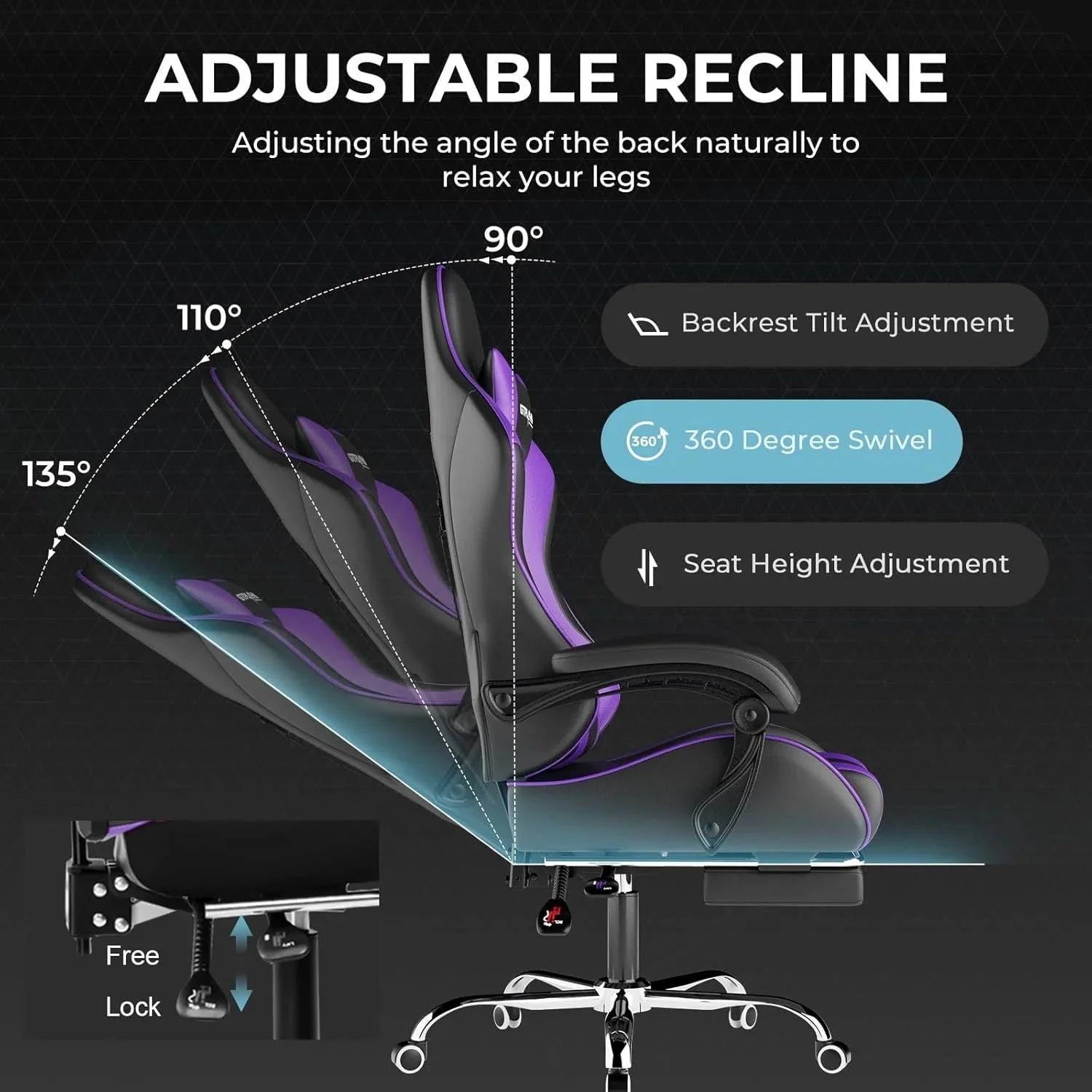 GTPLAYER Gaming Chair with Footrest and Lumbar Support Ergonomic Computer Chair with Headrest, 360 Swivel, Height Adjustable, White