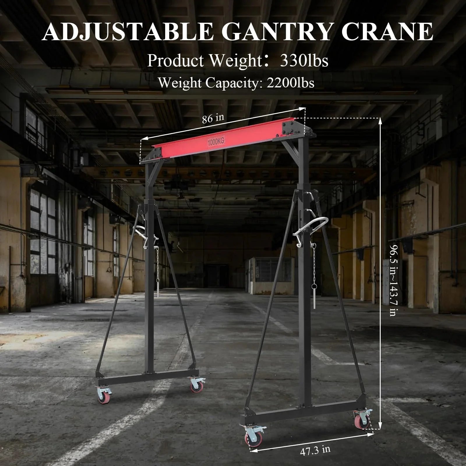 Garvee 1 Ton Adjustable Gantry Crane, 2200 lbs Capacity, Height Adjustable 96.5-143.7, Portable Hoist for Factory, Construction, Warehouse, Auto Repair