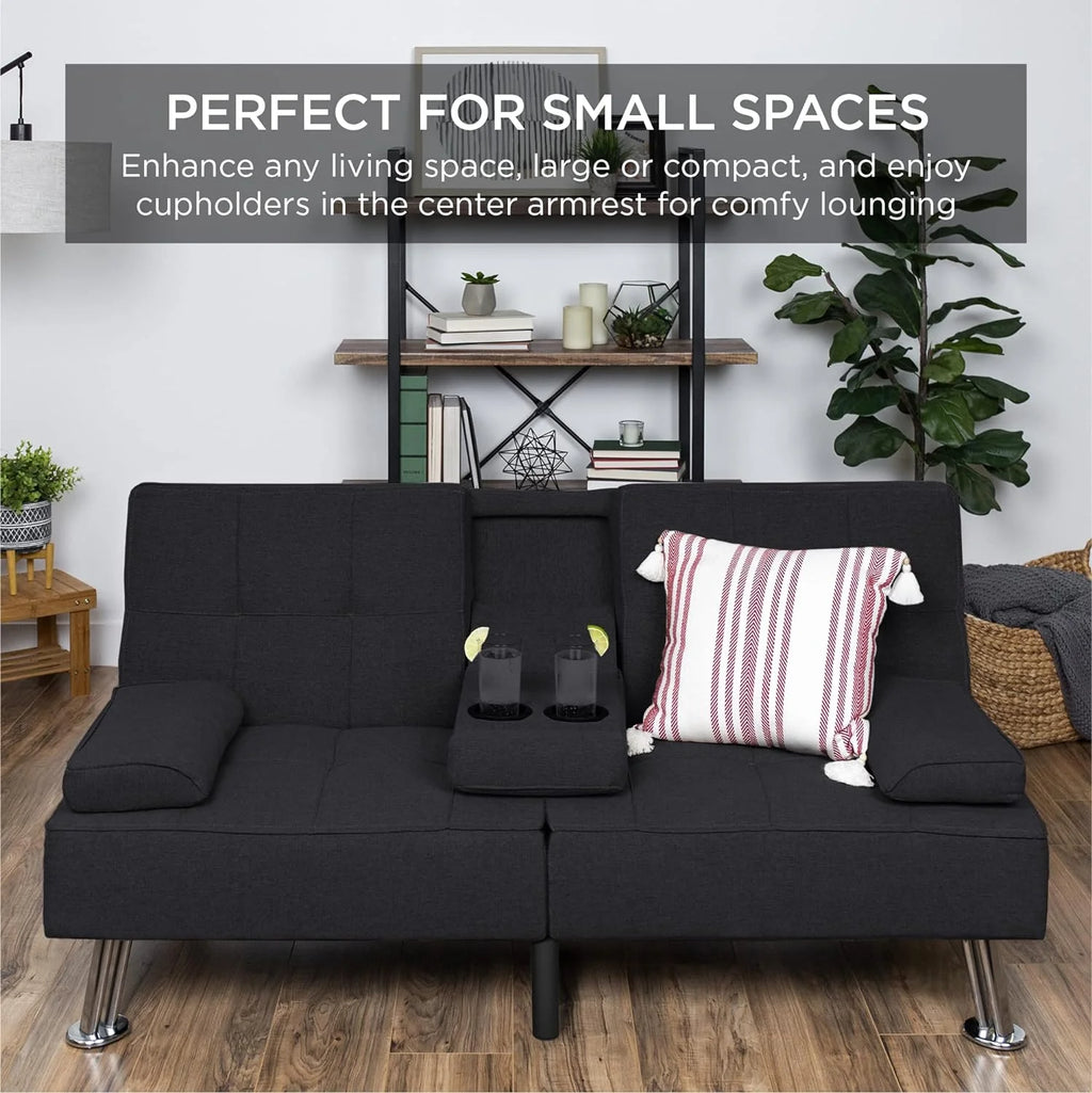 Best Choice Products Linen Upholstered Modern Convertible Folding Futon Sofa Bed for Compact Living Space, Apartment, Dorm, Bonus Room w/Removable Armrests, Metal Legs, 2 Cupholders - Gray