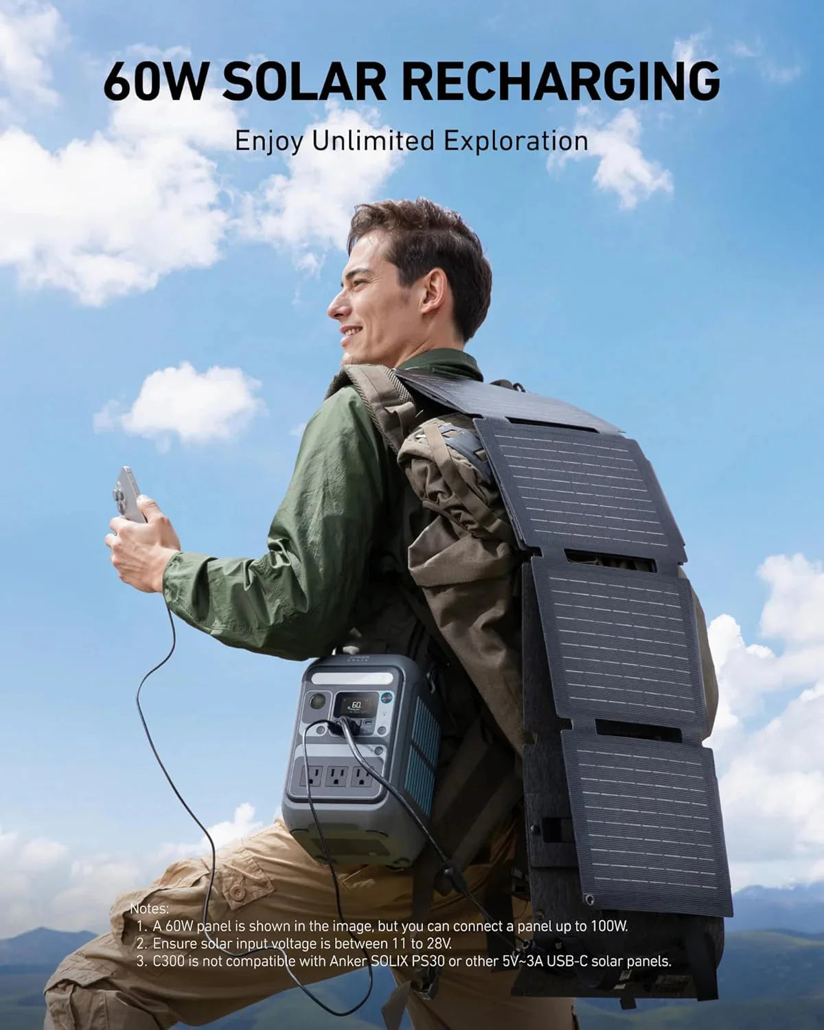 Anker Solar Generator SOLIX C300 with 60W Solar Panel, 288Wh Portable Power Station, 300W (600W Surge), LiFePO4 Battery, 140W Two-Way Fast Charging, for Outdoor Camping, Traveling, and Emergencies