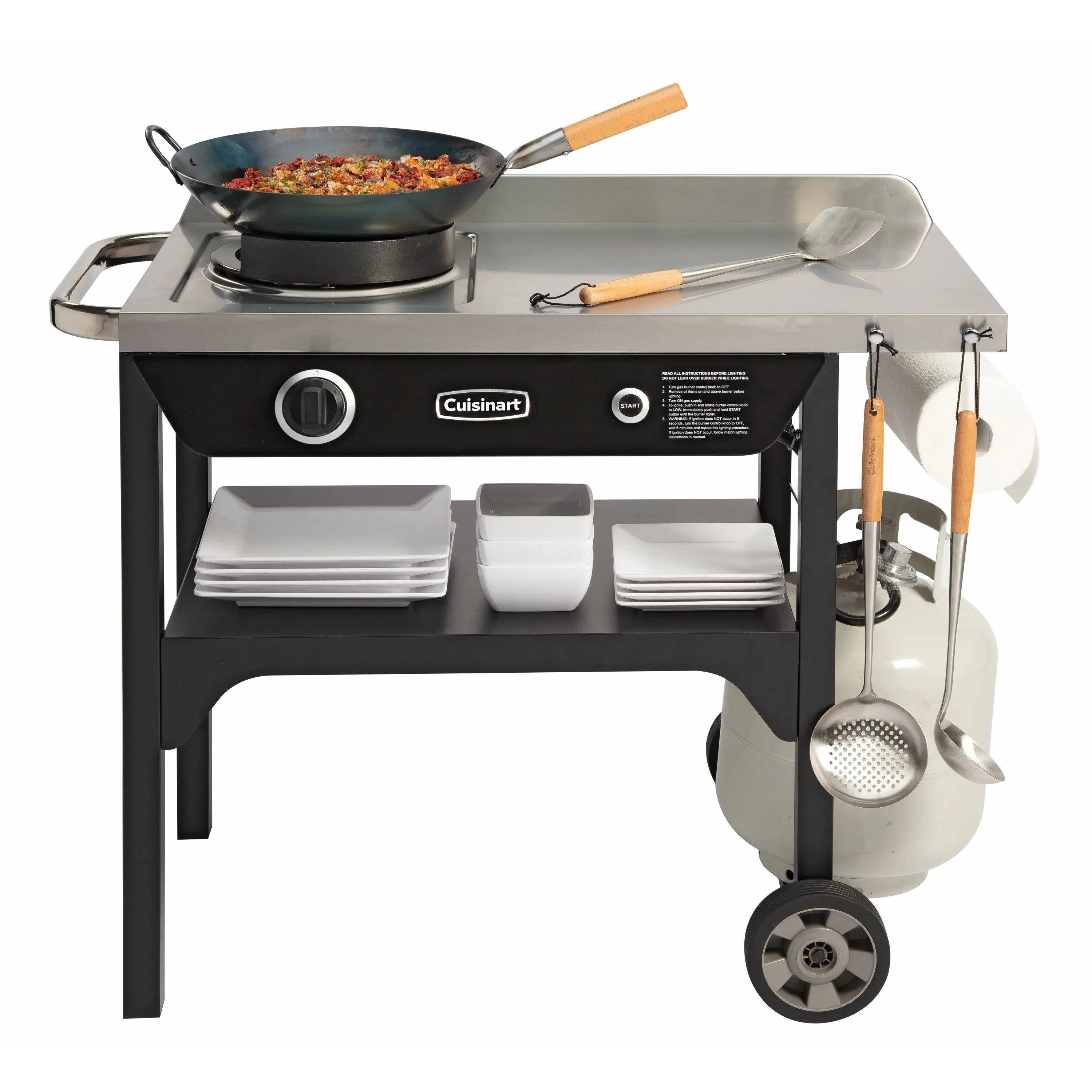 Cuisinart Outdoor Wok Station, 50,000 BTU Propane Outdoor Wok Burner w Prep Table, 14?测?? Carbon Steel Wok for Stir Fry, Searing, BBQ ?? Black