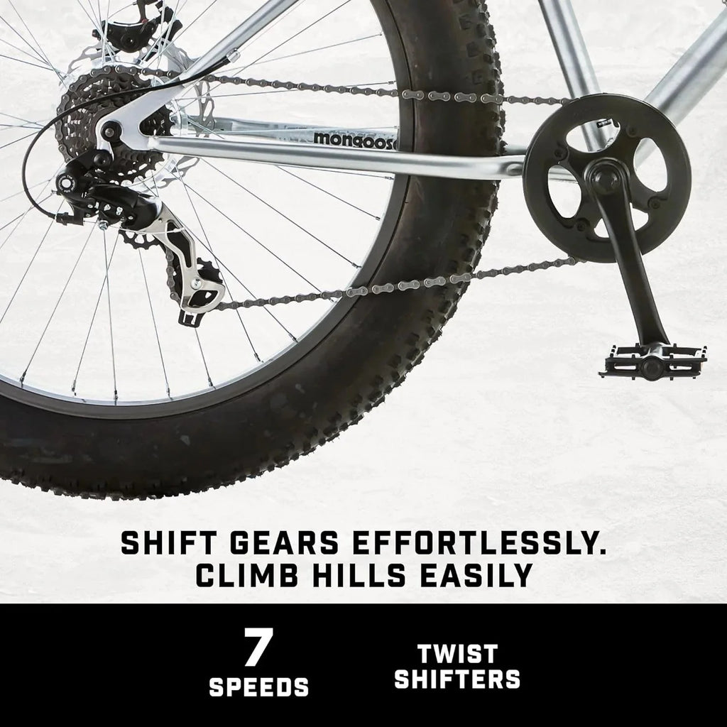 Malus Mens and Women Fat Tire Mountain Bike, 26-Inch Bicycle Wheels, 4-Inch Wide Knobby Tires, Steel Frame, 7 Speed Drivetrain, Shimano Rear Derailleur, Disc Brakes