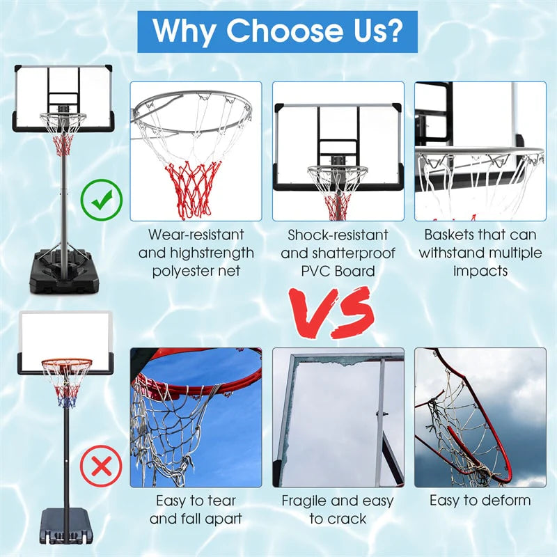 Portable Outdoor Basketball Hoop 64''-79'' Adjustable Poolside Basketball Goal System with 44 Backboard Wheeled Fillable Base