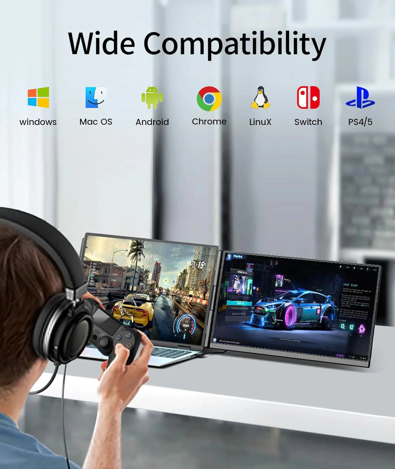 Laptop Screen Extender - 15.6 FHD 1080P Portable Monitor for Laptop, Detachable & Plug and Play Dual Laptop Monitor Extender for 13-17.3 Laptops, Compatible with Wins/Mac/Android/Chrome