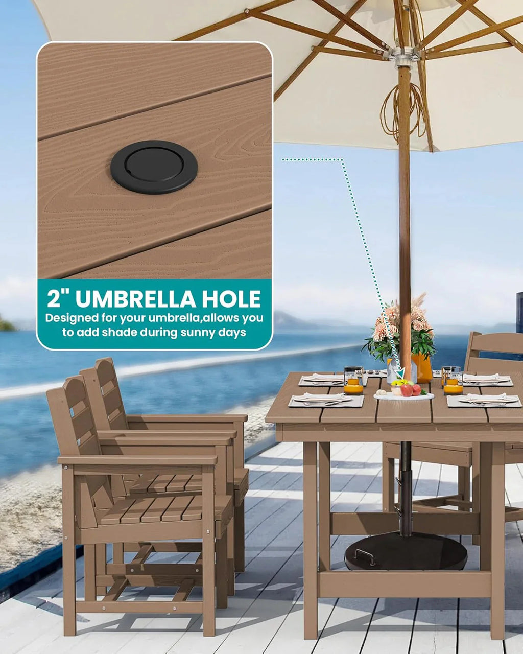 SERWALL 7-Piece Patio Table Set, Outdoor HDPE Dining Furniture with Umbrella Hole, All Weather Table and Chairs for Lawn, Garden, Poolside, Aruba