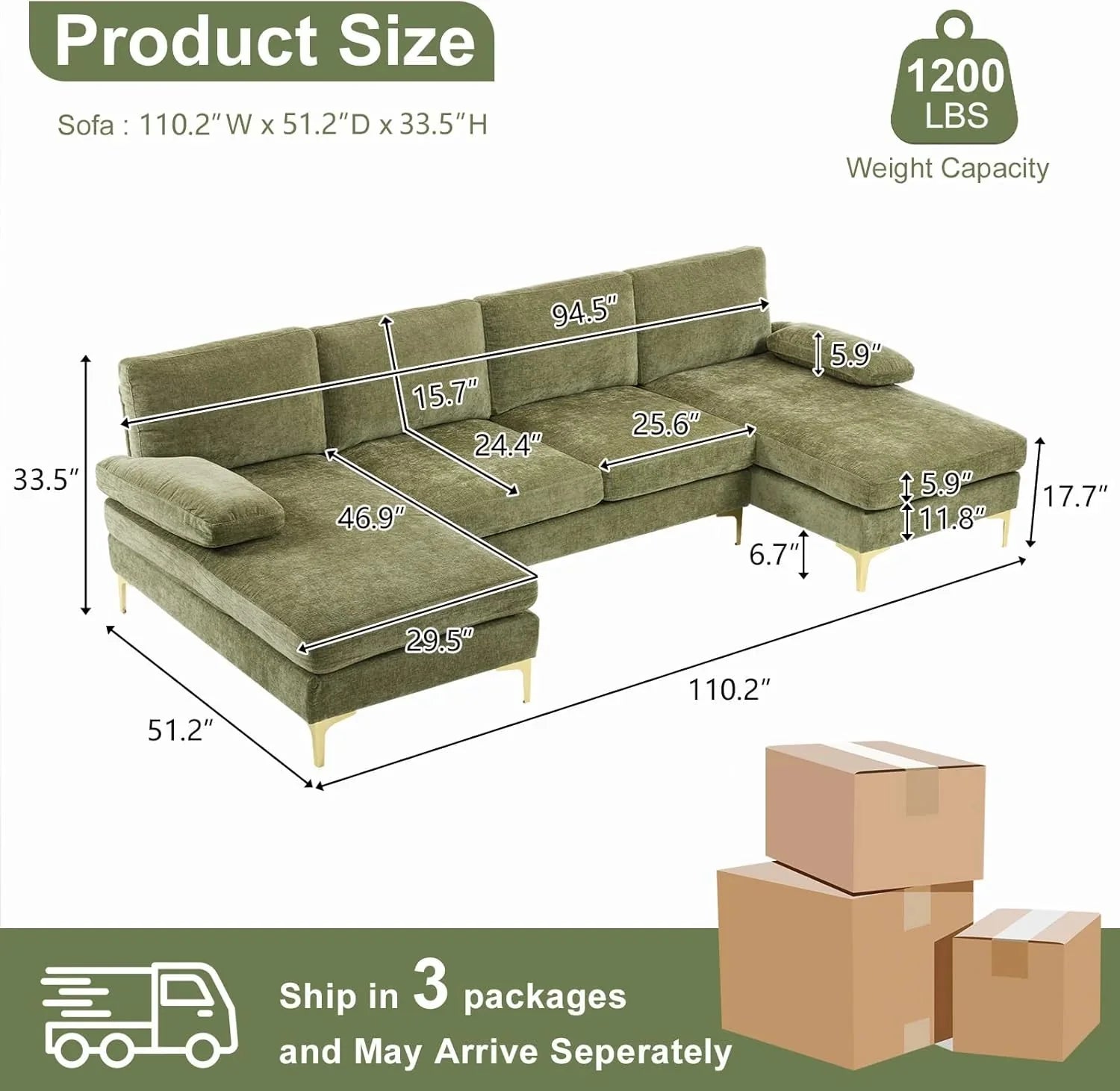 VINGLI 110 Sectional Couches for Living Room,U Shaped Couch with Double Chaise, 4-Seat Sofa Set with Chenille Fabric for Home Furniture,Beige