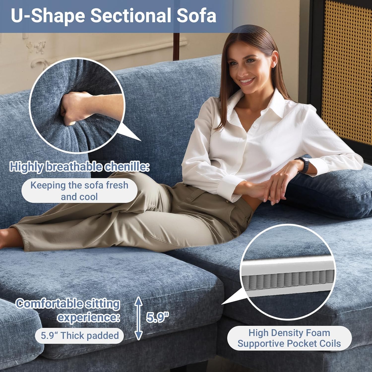 VINGLI 110 Sectional Couches for Living Room,U Shaped Couch with Double Chaise, 4-Seat Sofa Set with Chenille Fabric for Home Furniture,Beige