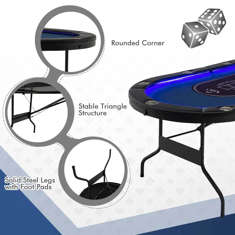 10 Players Folding Game Poker Table For Texas Card Games Casino Leisure Table With Cup Holder 4 Usb Ports Extra Lights