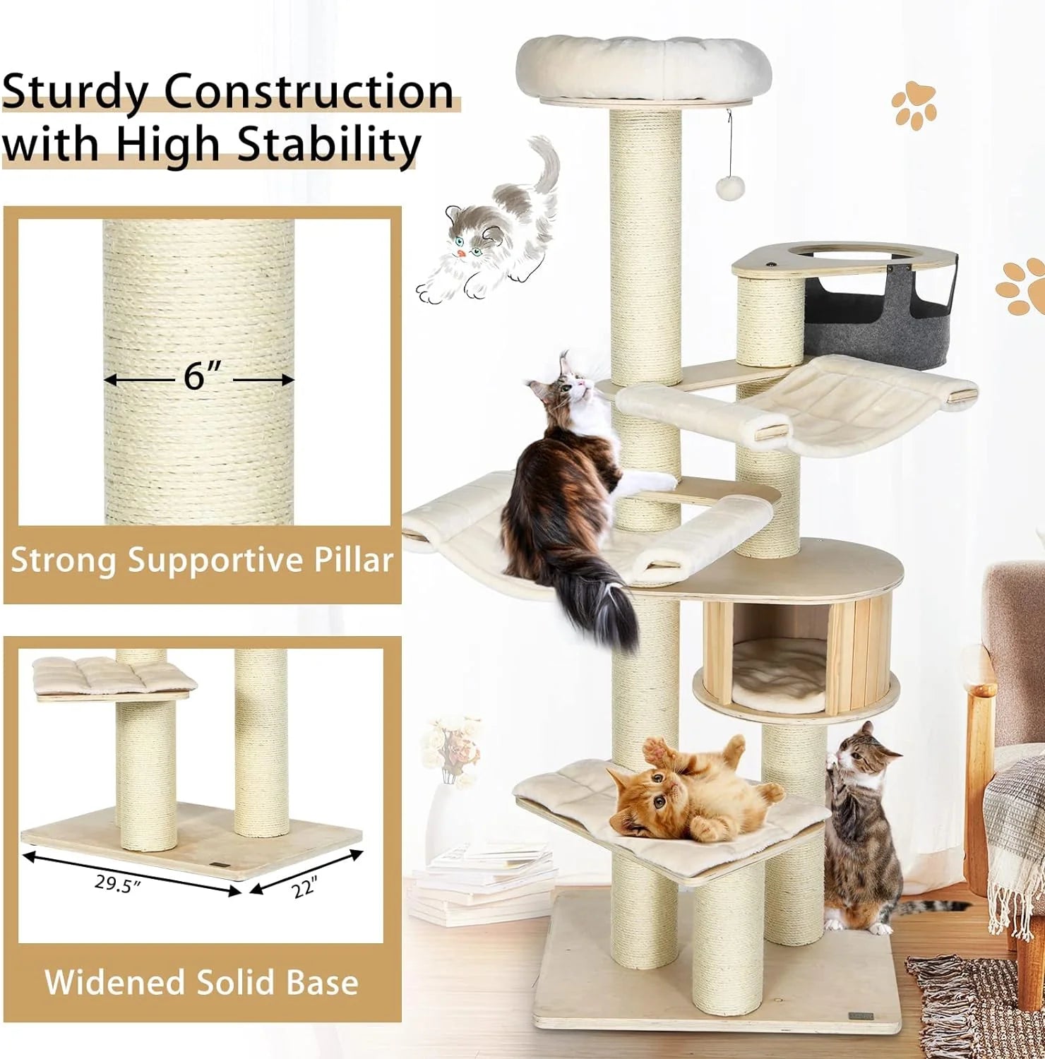 Large cat tree, multi-level tower with sisal posts, hammock, hanging basket and removable washable mats, perfect for large cats