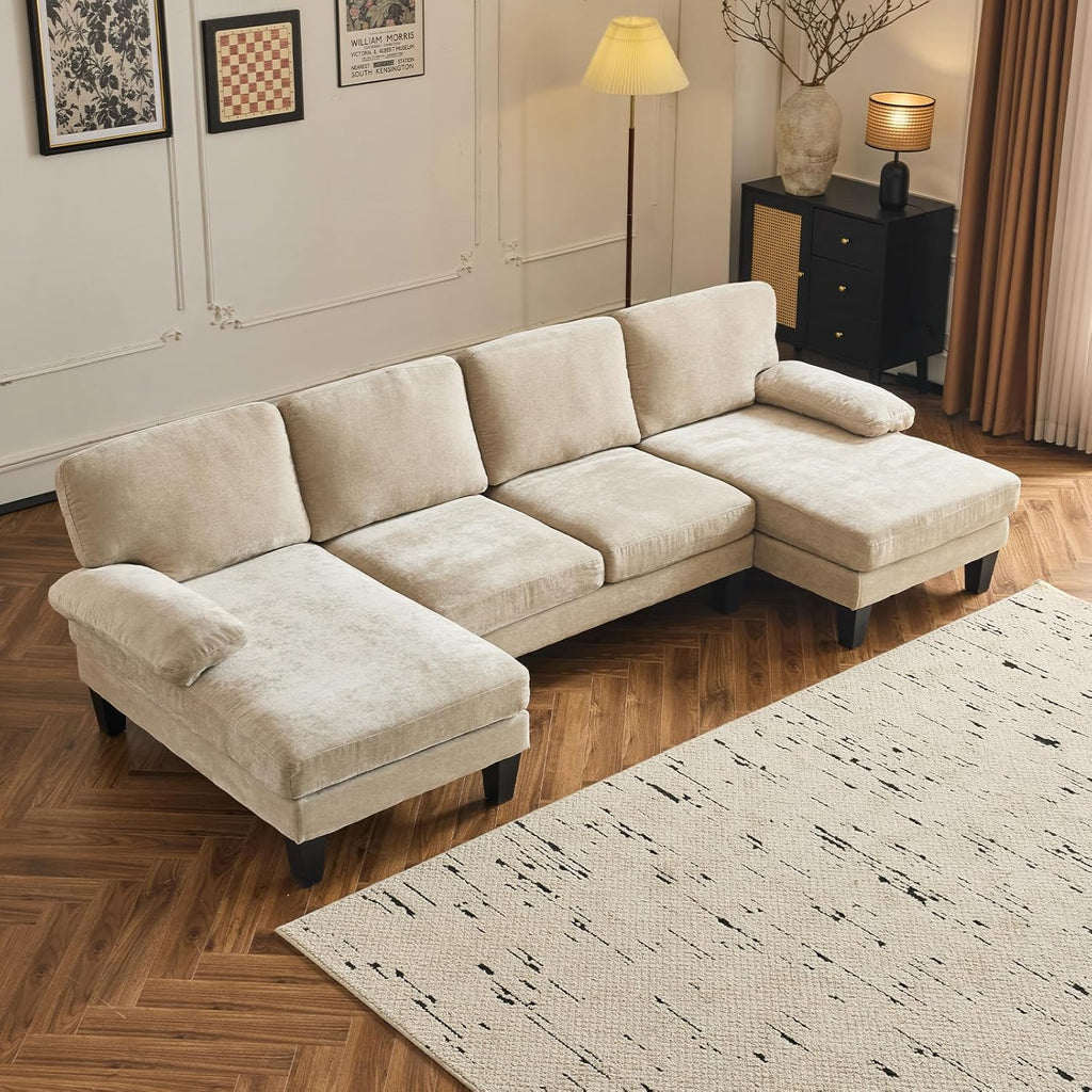 VINGLI 110 Sectional Couches for Living Room,U Shaped Couch with Double Chaise, 4-Seat Sofa Set with Chenille Fabric for Home Furniture,Beige