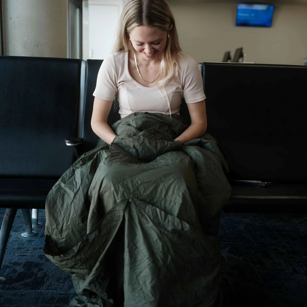 Layover Ultra-Compact Packable Down Blanket for Travel & Camping - Lightweight, Warm Travel Blanket Airplane, Car Blanket, Camping Blankets for Cold Weather - Includes Carrying Pouch (Blue)