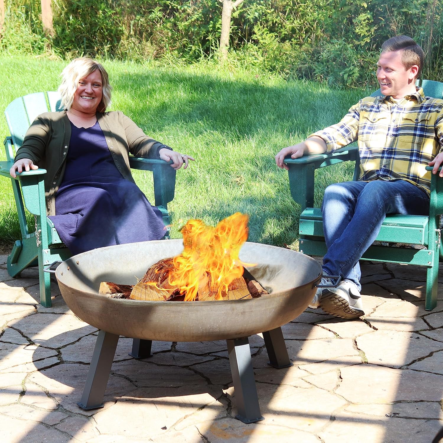 34-Inch Rustic Cast Iron Outdoor Raised Fire Pit Bowl with Handles - Oxidized Finish