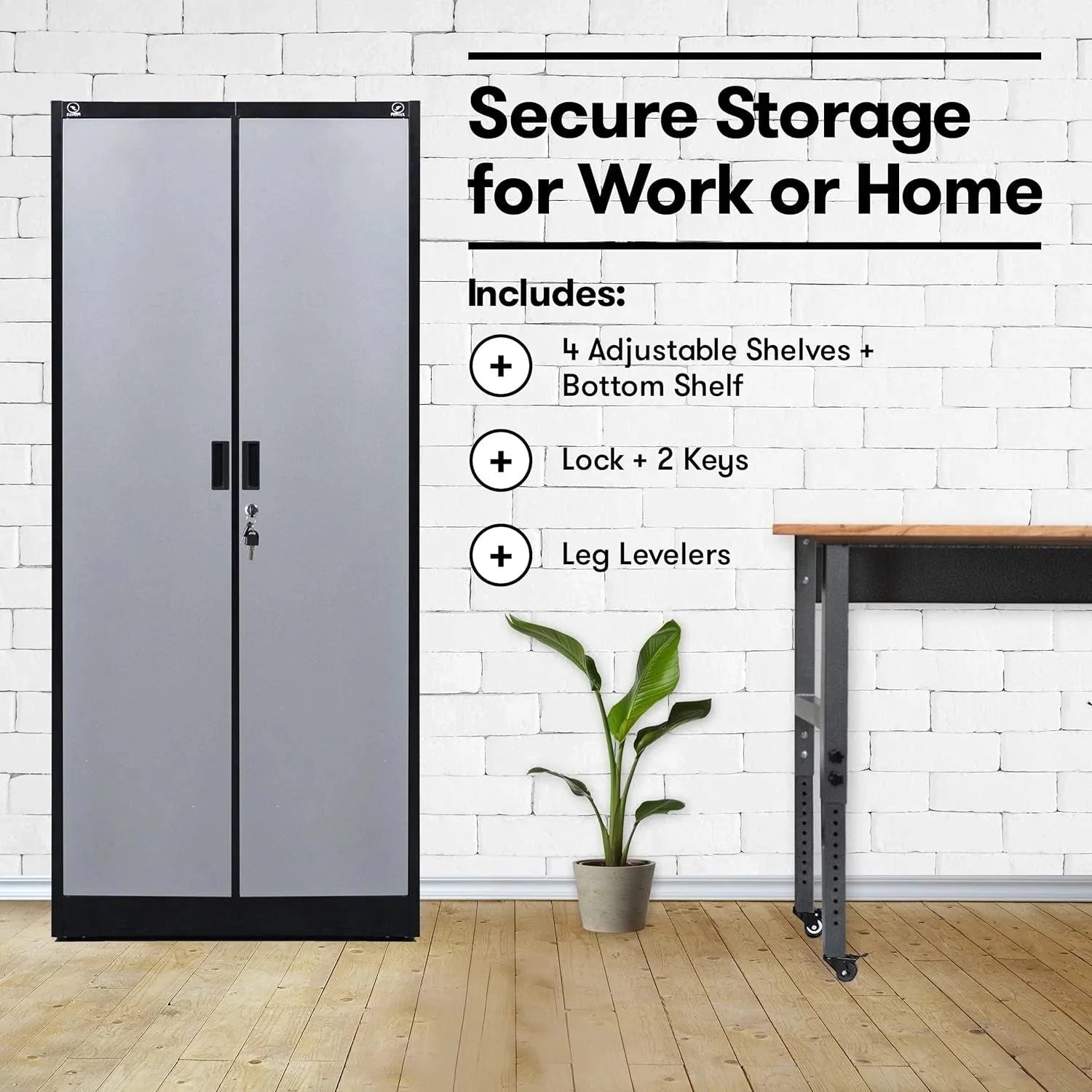 Heavy Duty Metal Garage Locker - 71 tall large steel multipurpose locker with adjustable shelves and door locks - black and silver