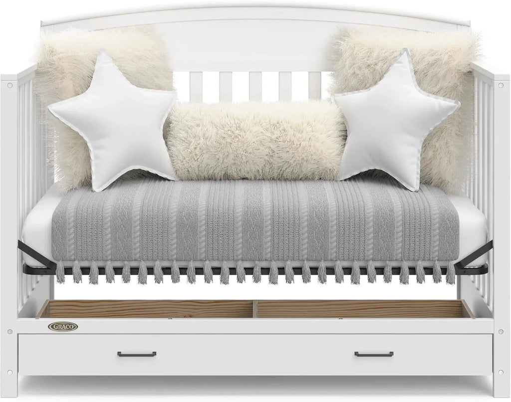 5-in-1 Convertible Baby Bed (with drawers, white) - Green Guardian Gold Certification, built-in baby bed storage drawer, convertible to toddler bed, day bed and full-size bed