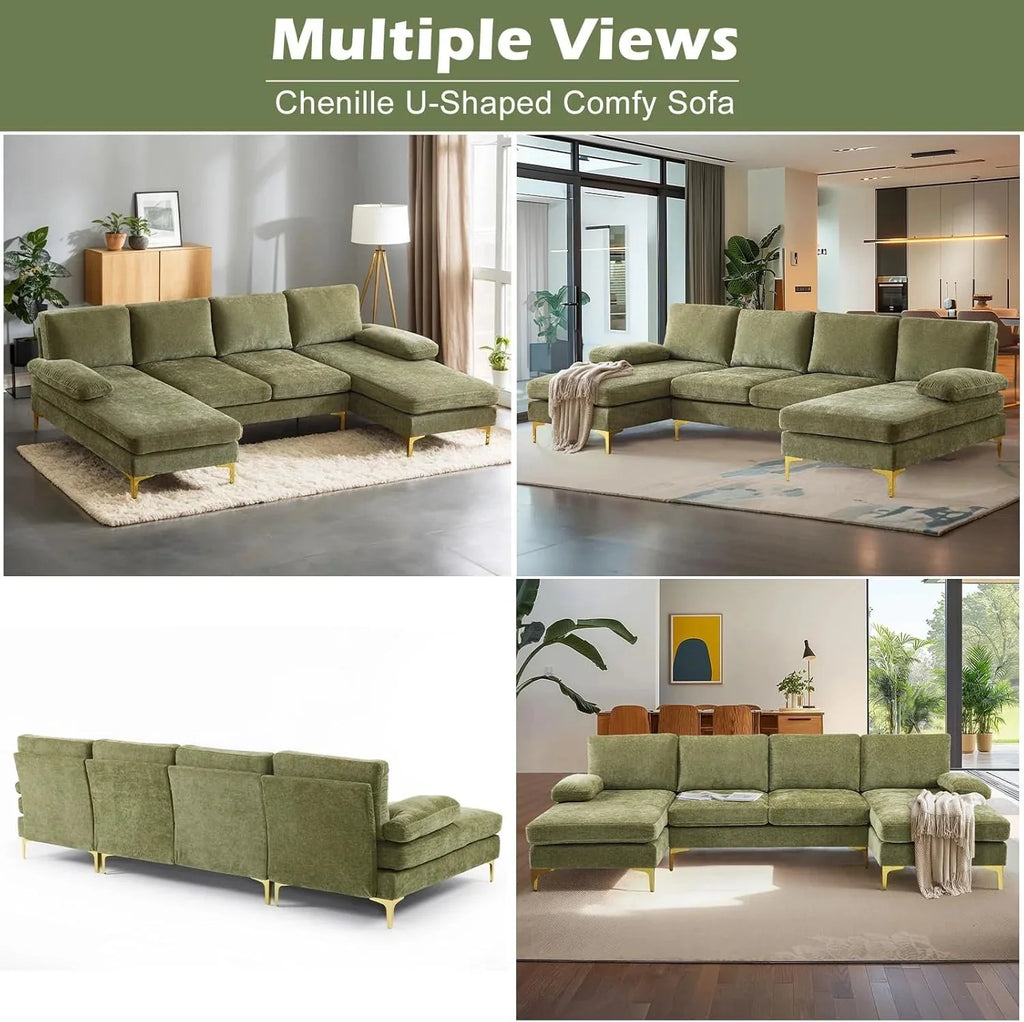 VINGLI 110 Sectional Couches for Living Room,U Shaped Couch with Double Chaise, 4-Seat Sofa Set with Chenille Fabric for Home Furniture,Beige