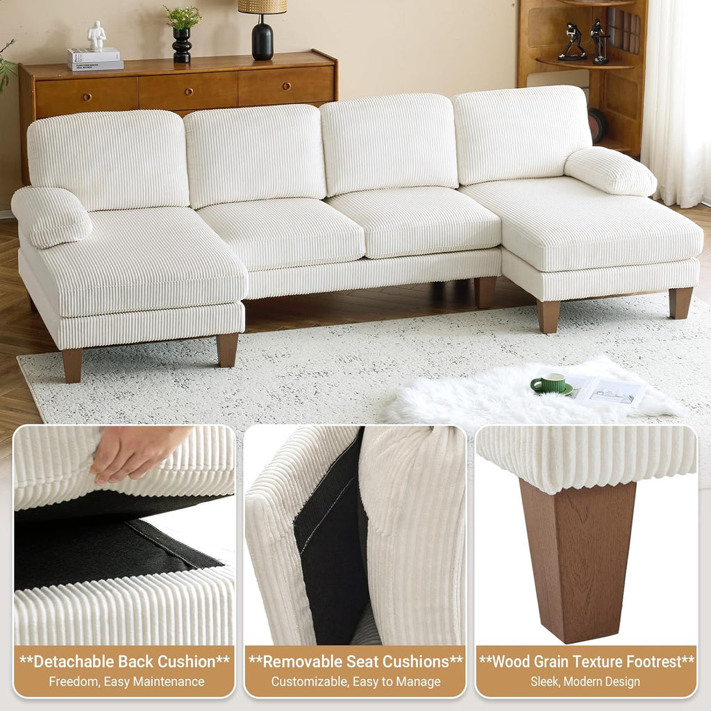 VINGLI 110 Sectional Couches for Living Room,U Shaped Couch with Double Chaise, 4-Seat Sofa Set with Chenille Fabric for Home Furniture,Beige