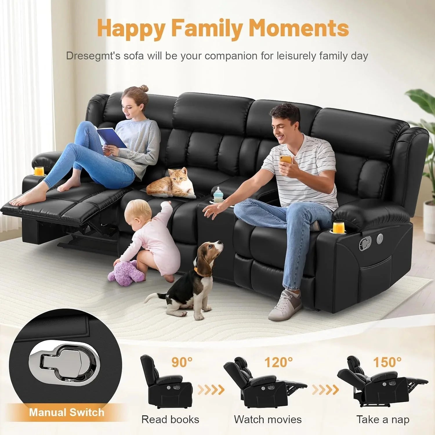 3 Seat Reclining Sofa with Storage Drawer USB Ports & Cup Holders Manual Couch