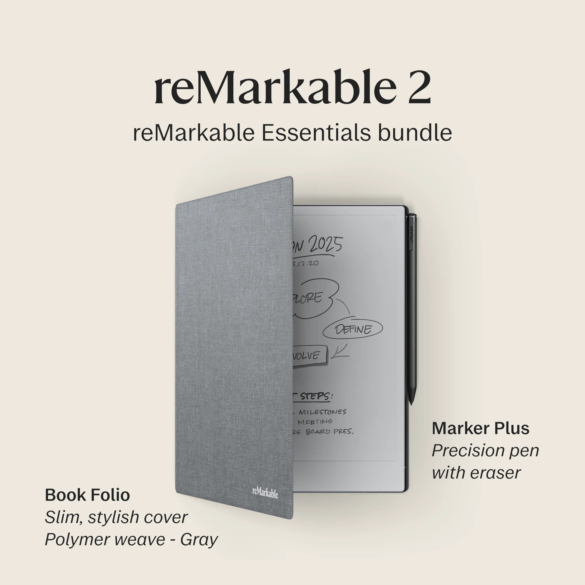 reMarkable 2 – 10.3” Paper Tablet with Marker Plus and Polymer Weave Book Folio – Gray