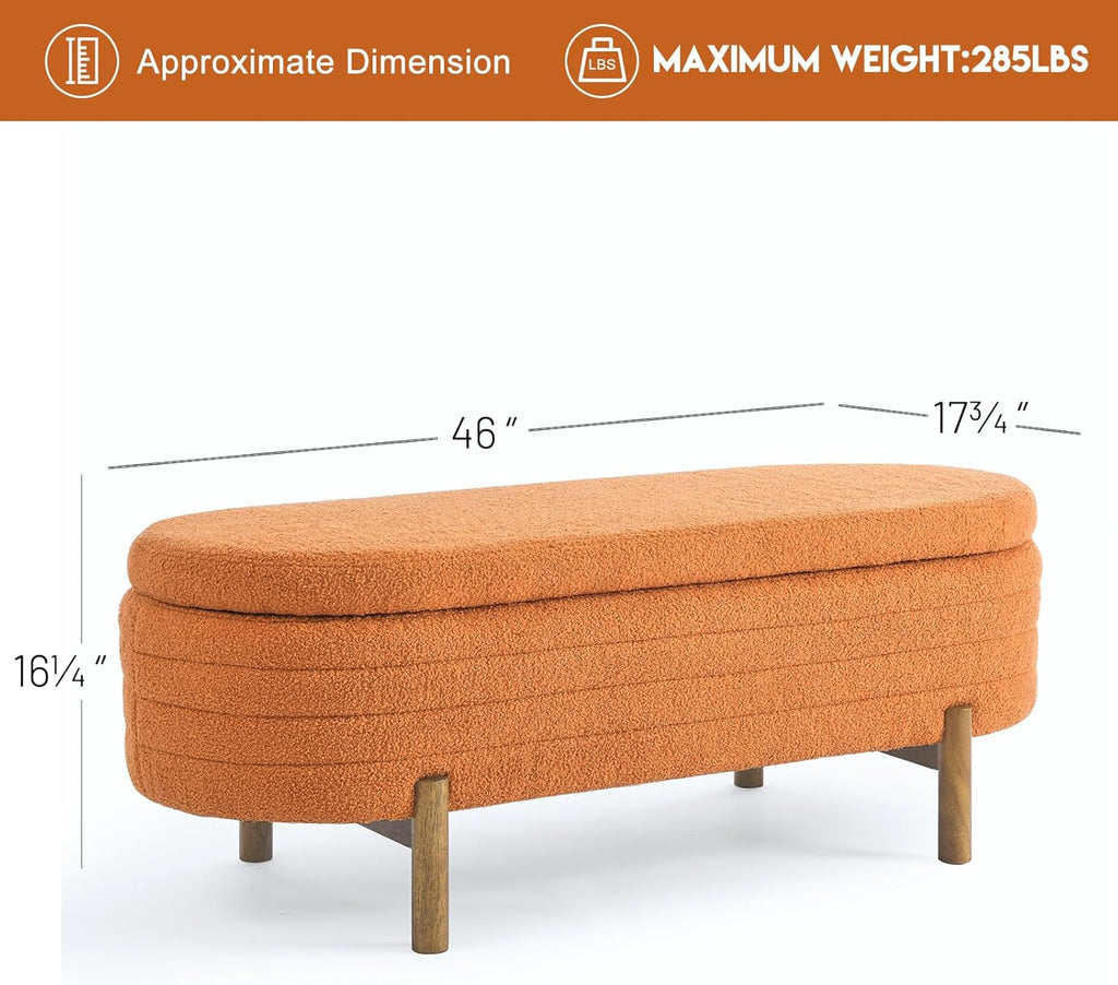 Furniliving Modern Storage Ottoman Bench, Sherpa Ottoman End of Bed Bench with Solid Wood Legs Upholstered Ottoman Benches with Storage Indoor Bench for Living Room with Rolled Arm, Entryway, White
