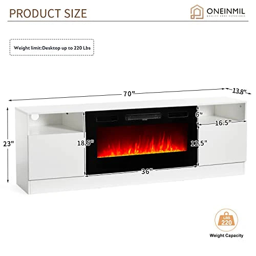 Oneinmil Fireplace TV Stand with 36 Electric Fireplace, LED Light Entertainment Center, Modern Wood, White
