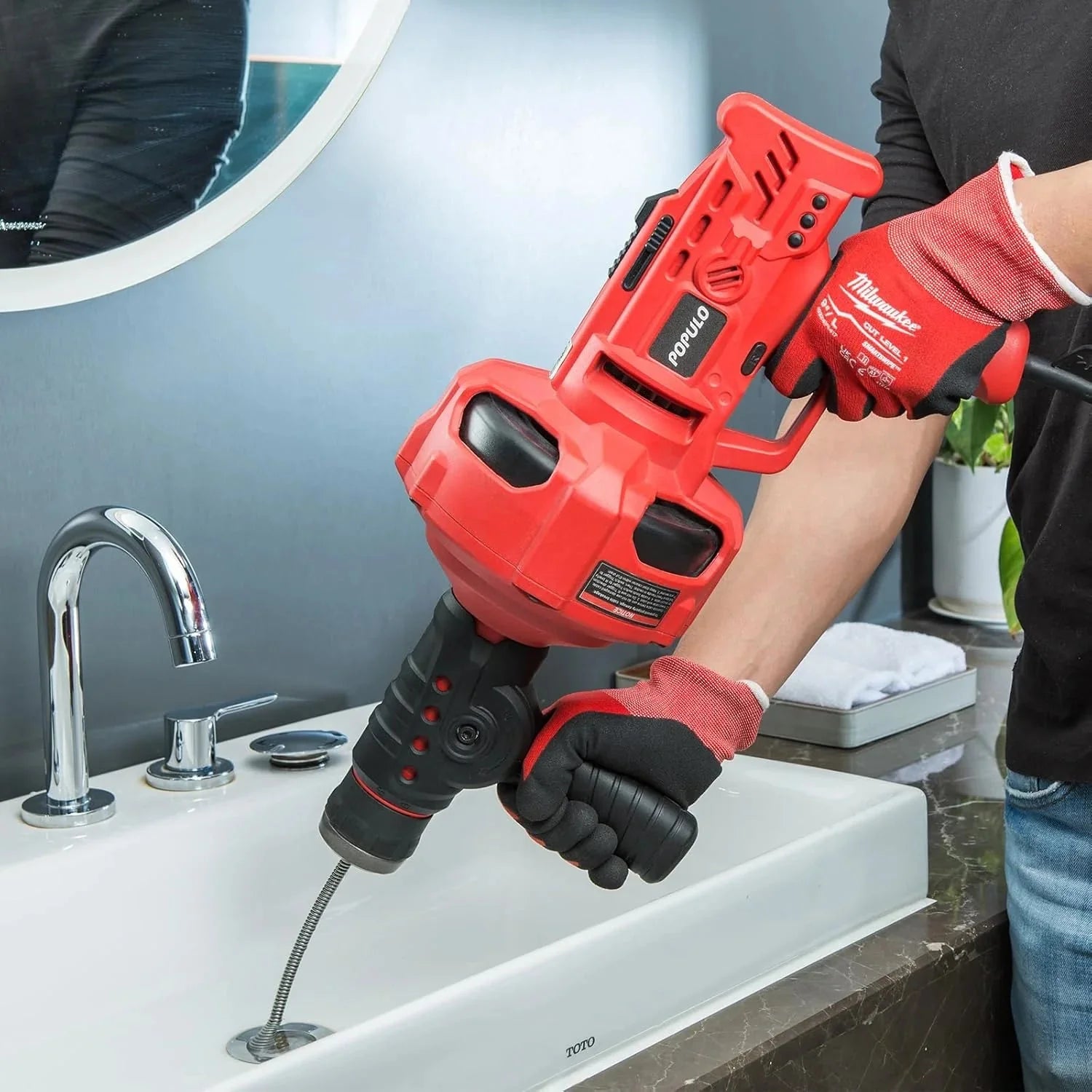POPULO 20V Cordless Electric Drain Auger-Efficient 25Ft Auto-Feed Drain Snake with Replaceable Cable,2.0Ah Battery,Charger,Storage Bag & Gloves for Kitchen,Bathroom,Shower Pipes (3/4-2)