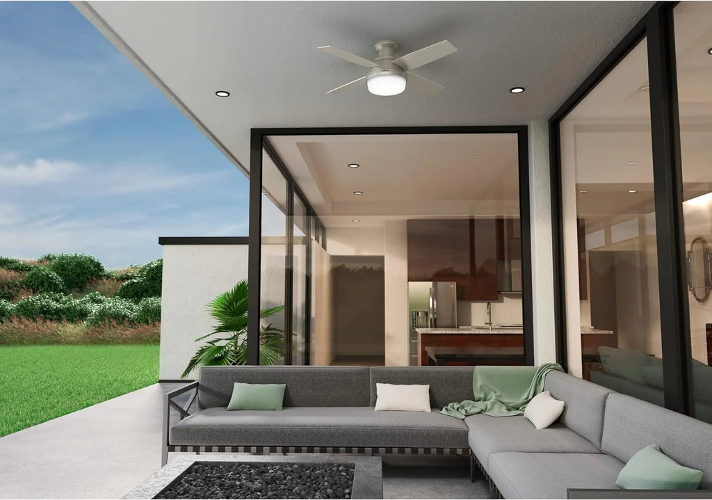 Hunter Fan Company Dempsey Low Profile Indoor / Outdoor Ceiling Fan with LED Light and Remote Control, 44, Matte Nickel