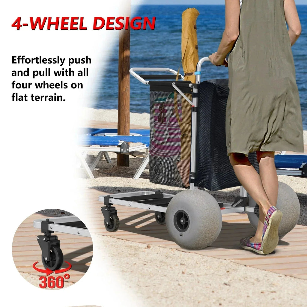 GDLF Foldable Beach Cart with Adjustable Handle and 12 Balloon Wheels, Heavy Duty Aluminum 220LBS Capacity