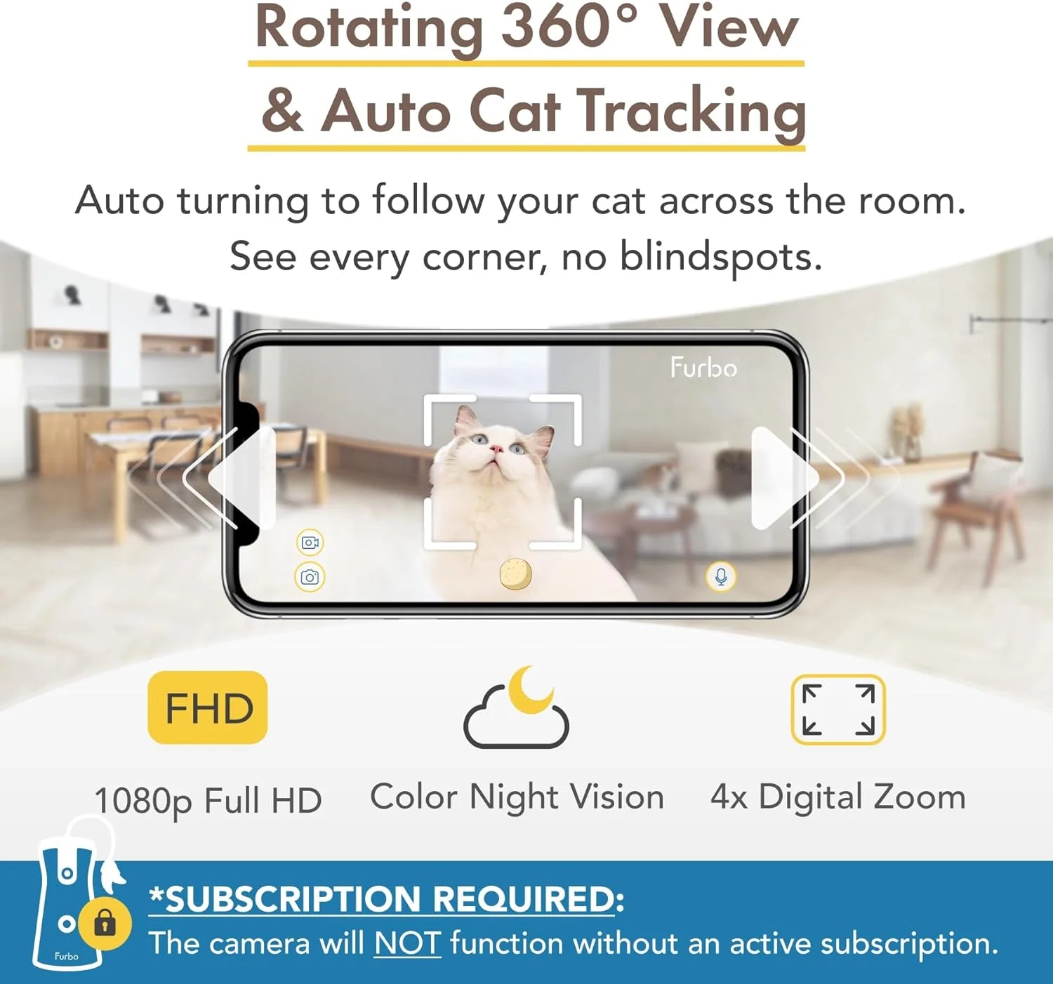 360° Cat Camera: See Your Cat from Anywhere | Rotating 360° Cat Tracking, Treat Toss, Color HD Night Vision, 2-Way Audio, Real-Time Notifications, Designed for Cats | Pet Camera w/Phone App