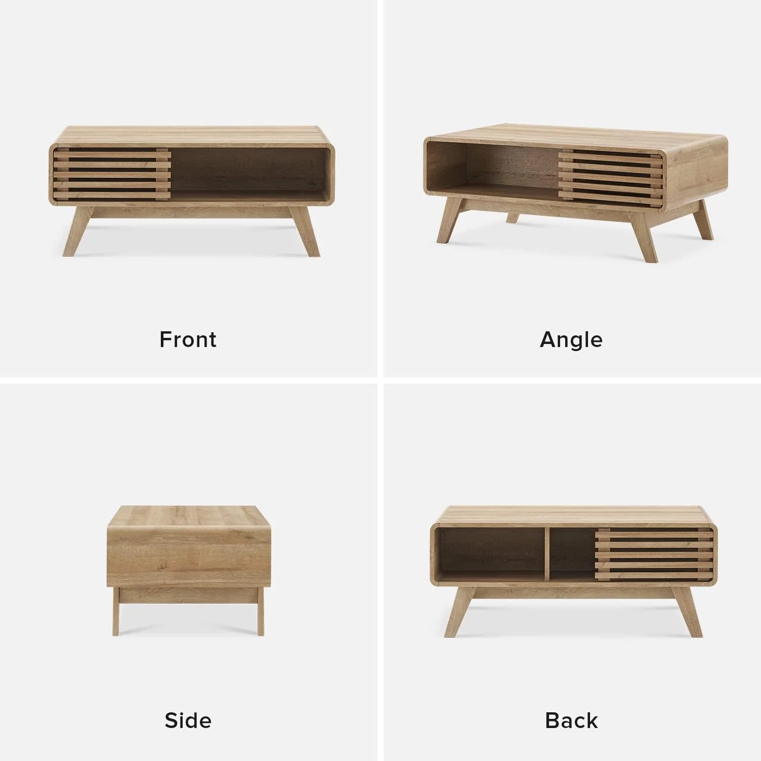 Mopio Ensley Mid Century Modern Rectangle Coffee Table with Dual Storage Shelf, Wood Slat Sliding Door, & Rounded Edge Protection for Living Room, Walnut Grain