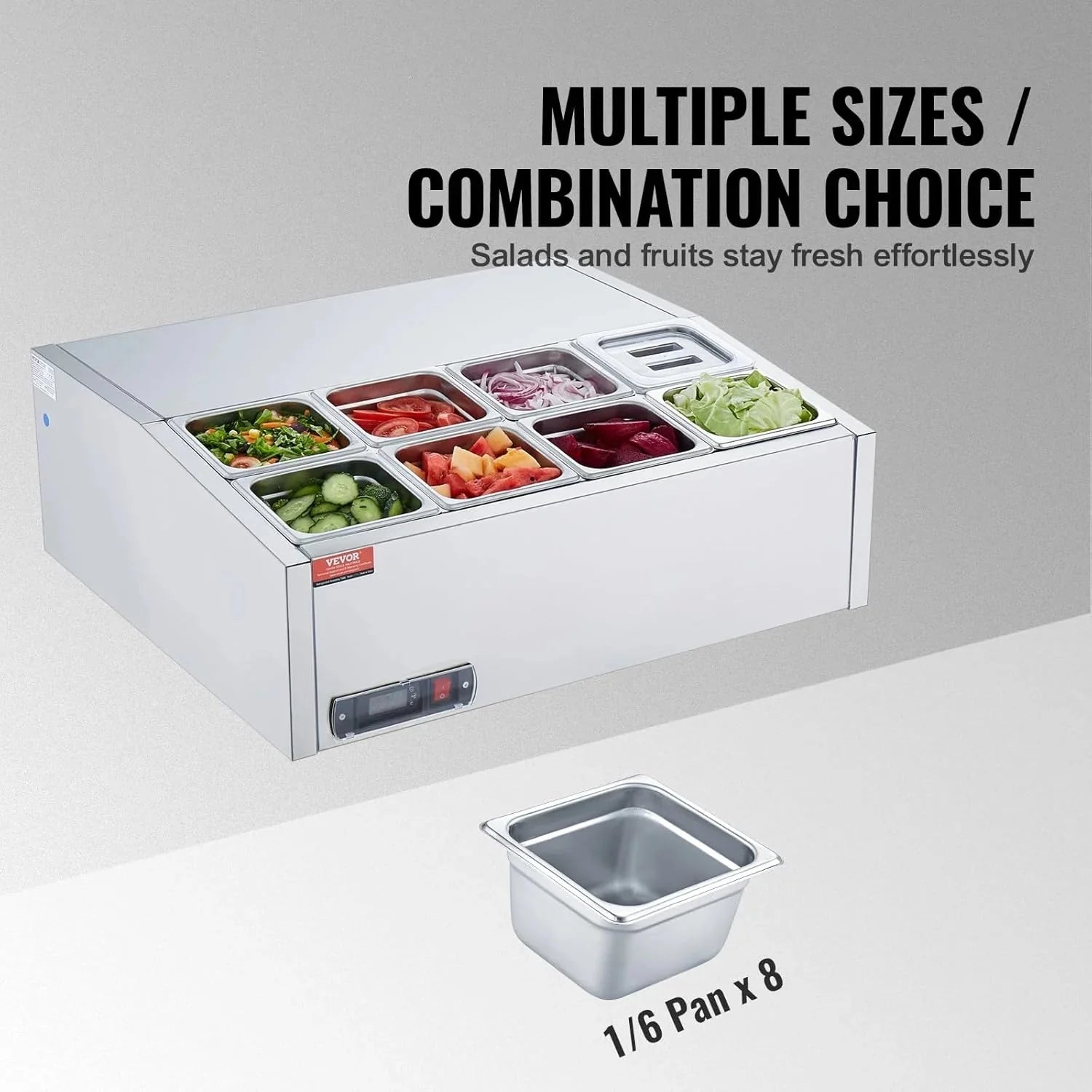 Refrigerated Condiment Prep Station, 135 W Countertop Refrigerated Condiment Station, with 2 1/3 Pans & 4 1/6 Pans, 304 Stainless Body and PC Lid, Sandwich Prep Table with Stainless Guard, ETL