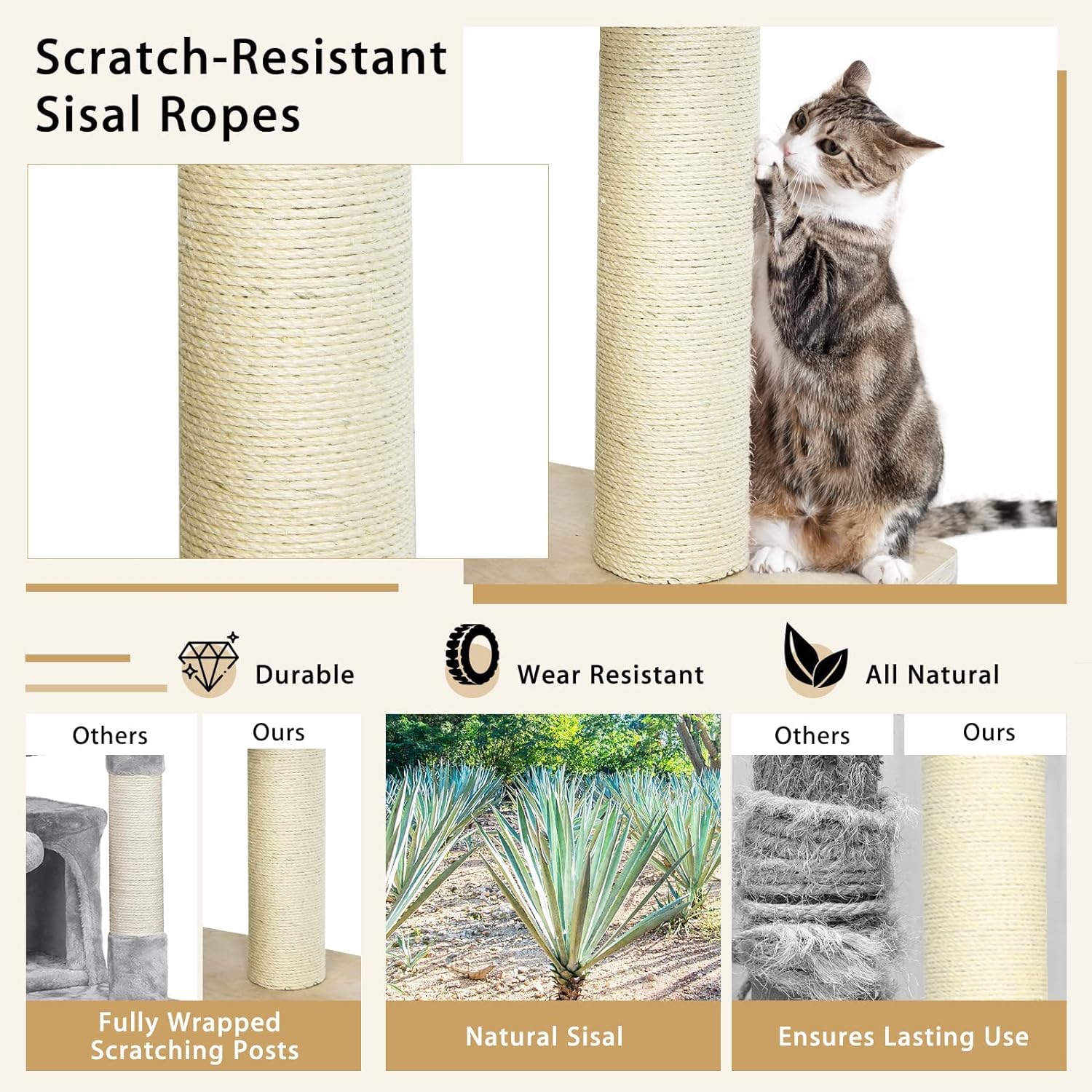 Large cat tree, multi-level tower with sisal posts, hammock, hanging basket and removable washable mats, perfect for large cats