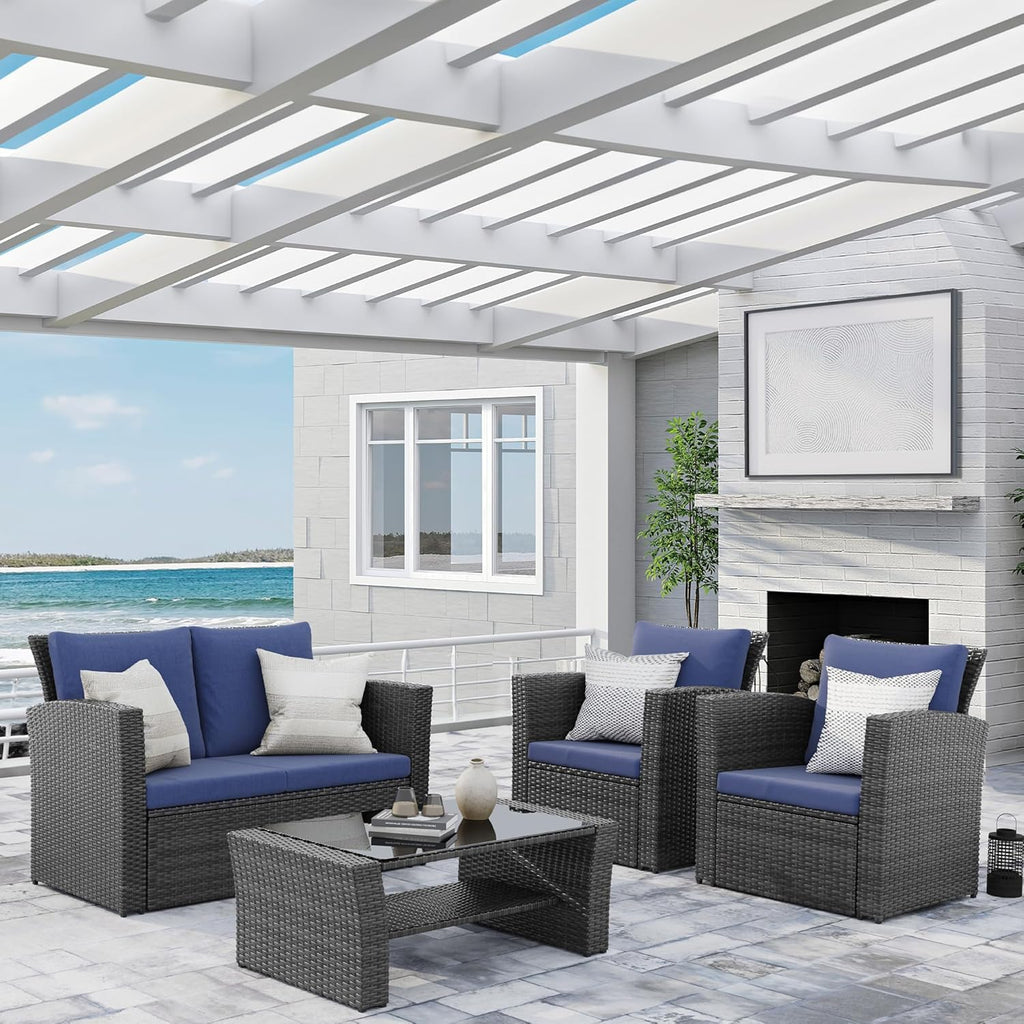 Wisteria Lane 4 Piece Outdoor Patio Furniture Sets, Wicker Conversation Set for Porch Deck, Grey Rattan Sofa Chair with Cushion Blue